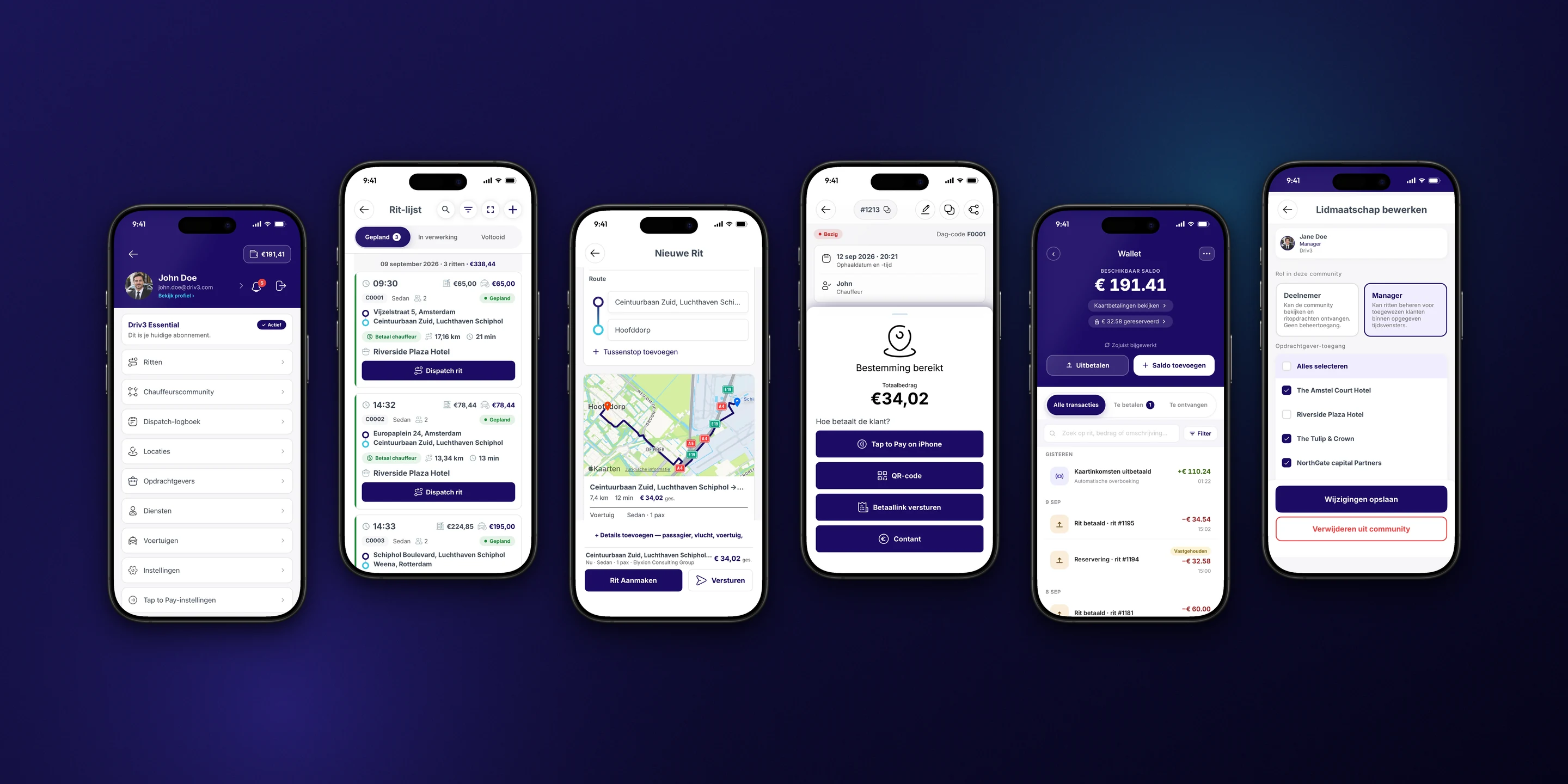 Account, trip list, new trip, payment, wallet and community roles
