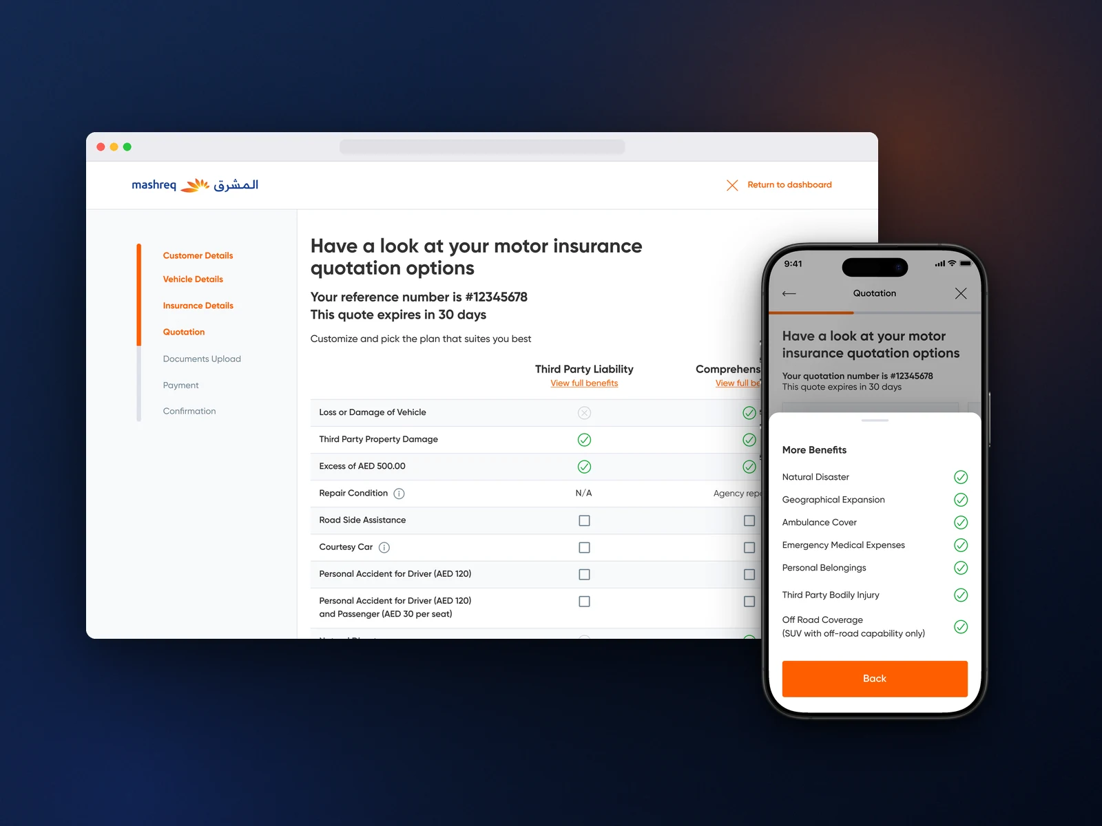 Mashreq motor insurance on a laptop and iPhone