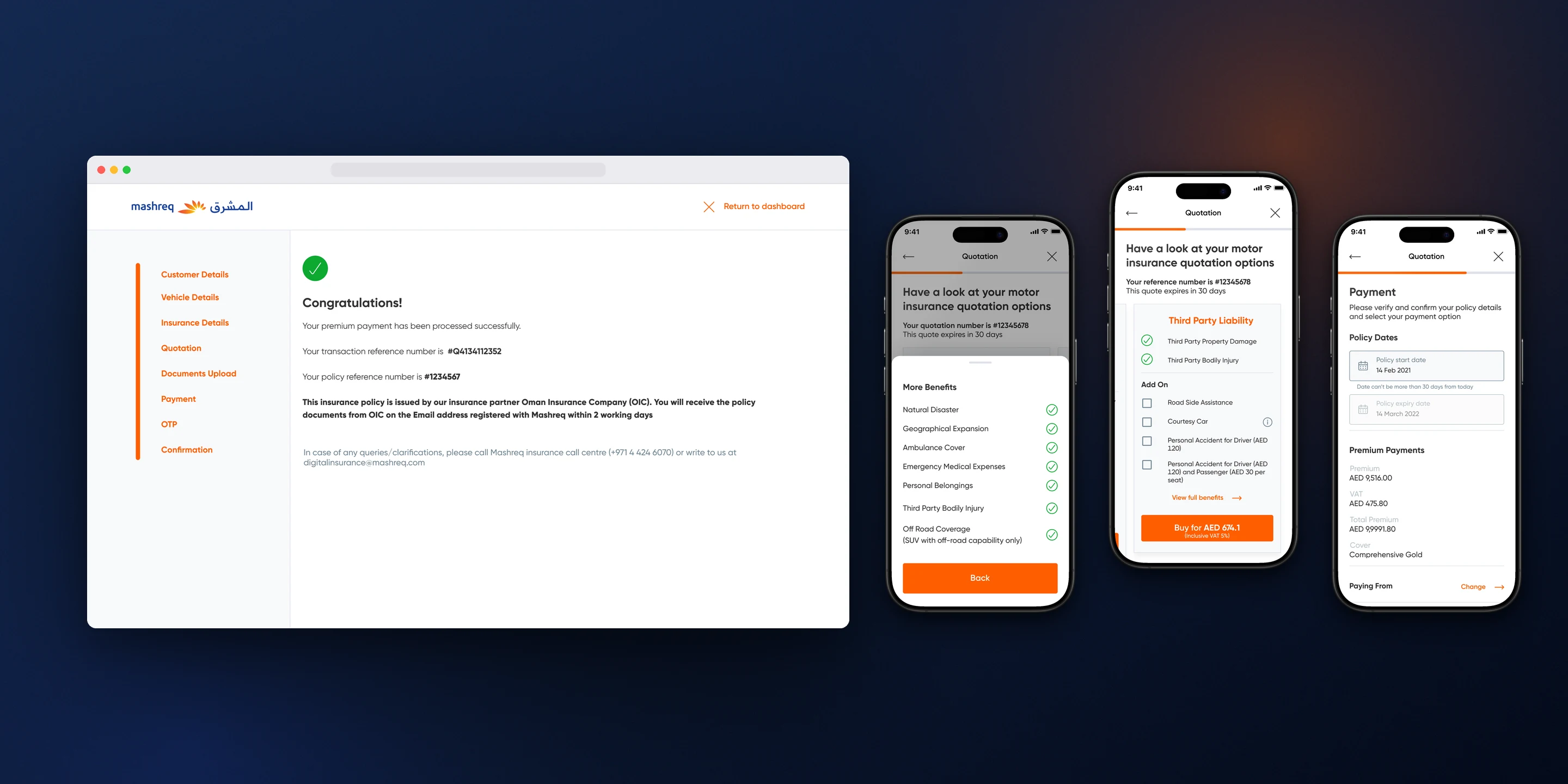 Confirmation on desktop, quotation and payment on mobile